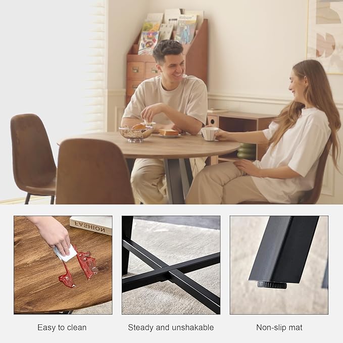 Dining Table Set for 4, Round Kitchen Table Chairs Set for 4,Modern 42" Round Wood Dining Room Table Set PU Leather Chairs for Small Space Apartment Kitchen Living Office