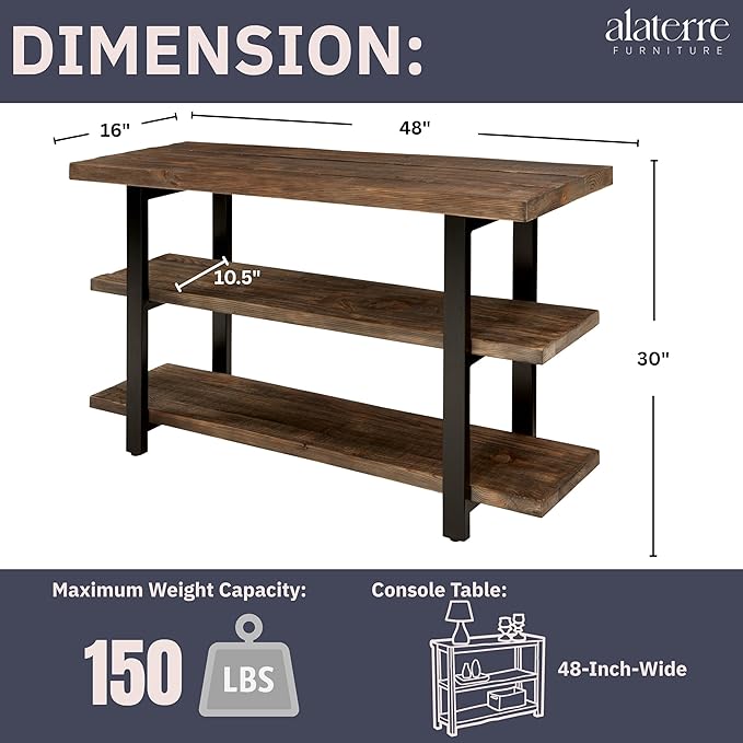 Alaterre Furniture Pomona 48" Solid Pine Wood Media Console Table with 2 Open Shelves and Metal Legs - 3-Tier Storage Display and Rustic Industrial Accent Furniture in Natural Finish