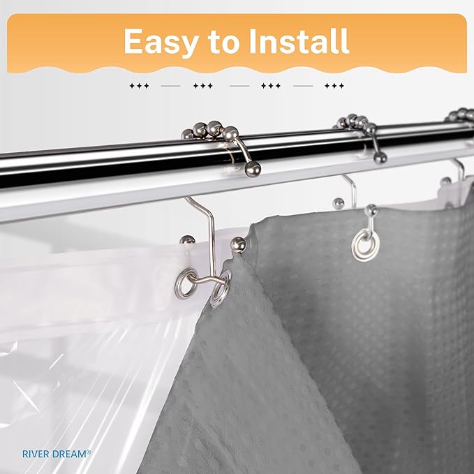 River Dream 3 in 1 Shower Curtain Set, Stall Waffle Fabric Shower Curtain and Waterproof Clear Liner Set with Double Sided Metal Hooks, Grey, 36" W*72" H