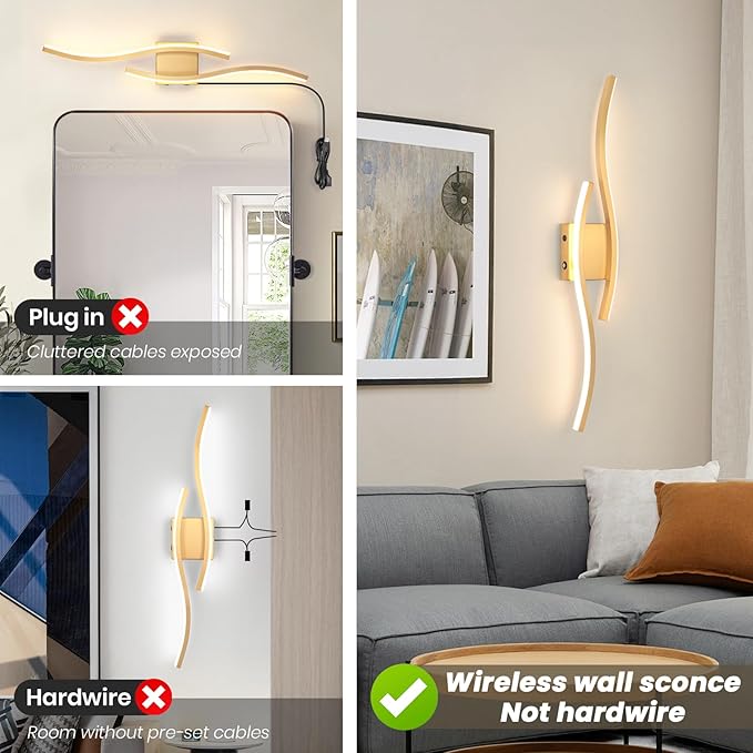 Modern LED Wall Sconce Set of Two, Battery Powered Wall Sconces Set of 2 with Timer, Gold Wall Light with Remote, LED Wall Lamp Indoor not Hardwired for Bathroom Living Room Bedroom Corridor
