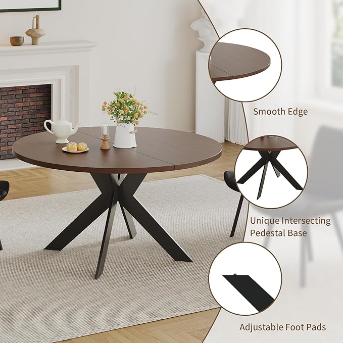 45.3" Round Walnut Dining Table for 4 – Mid-Century Modern Pedestal Table for Kitchen, Dining Room, Small Apartment or Breakfast Nook (Walnut – 1 Table Only)