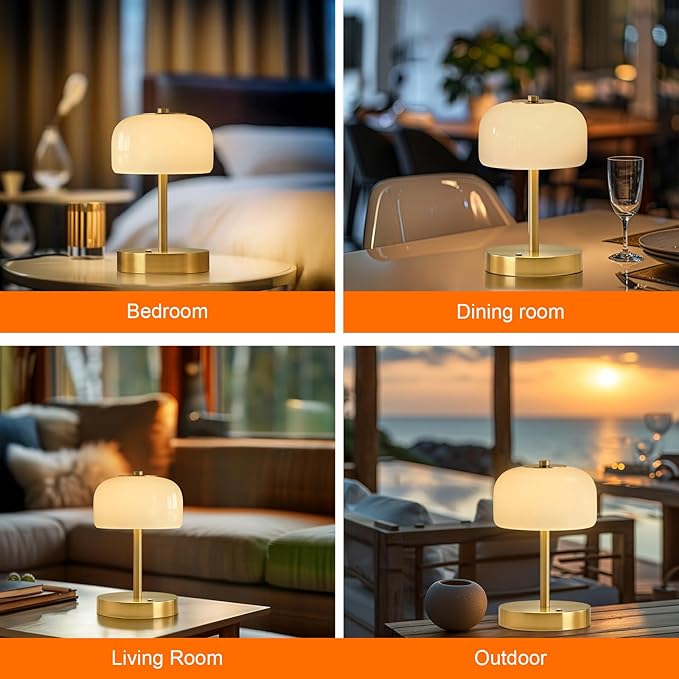 PORTRES Cordless Table Lamp Rechargeable Battery Operated Mushroom lamp Opal Glass Shade 3 Way Dimmable LED Touch Outdoor Lamp for Camping Bedroom Dining Living Room Beside Patio Restaurant,Gold