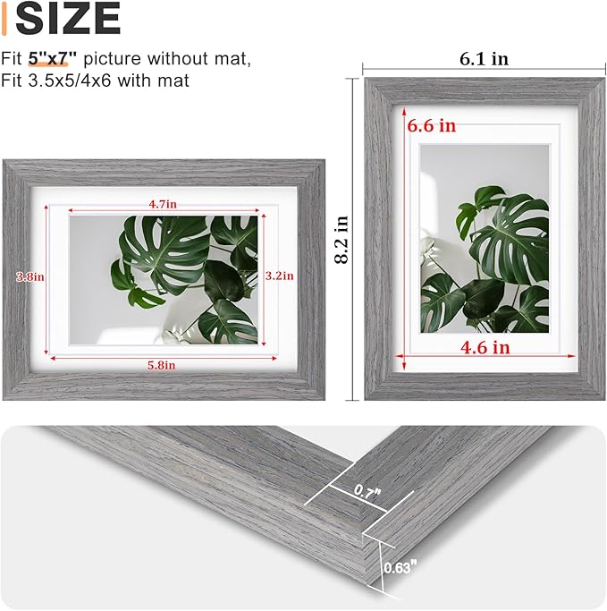 Egofine 5x7 Picture Frame Made of Solid Wood with Plexiglass, Display Pictures 3.5x5/4x6 with Mat or 5x7 Without Mat for Tabletop and Wall Mounting, Oak Grey