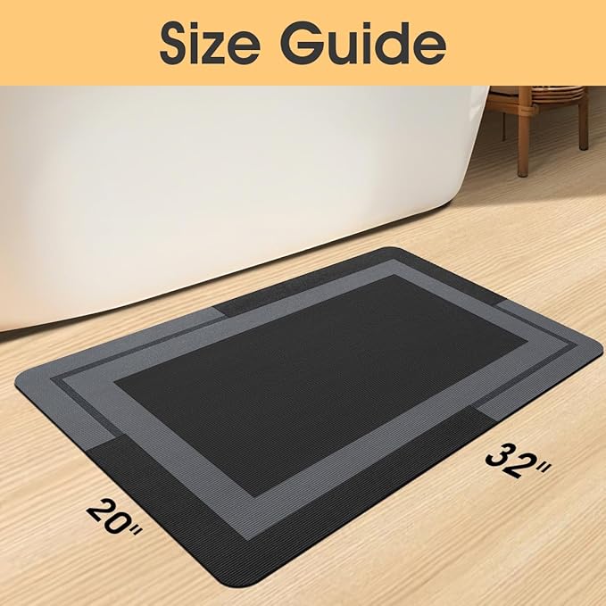 Ultra Thin Bath Mats Fit Under Door, Upgrade Backing Non Slip Bath Mat, Quick Dry Ultra Absorbent Bath Mat, Machine Washable Bathroom Rugs for Bathroom Floor, Bathtub, Kitchen, Black, 32"x20"