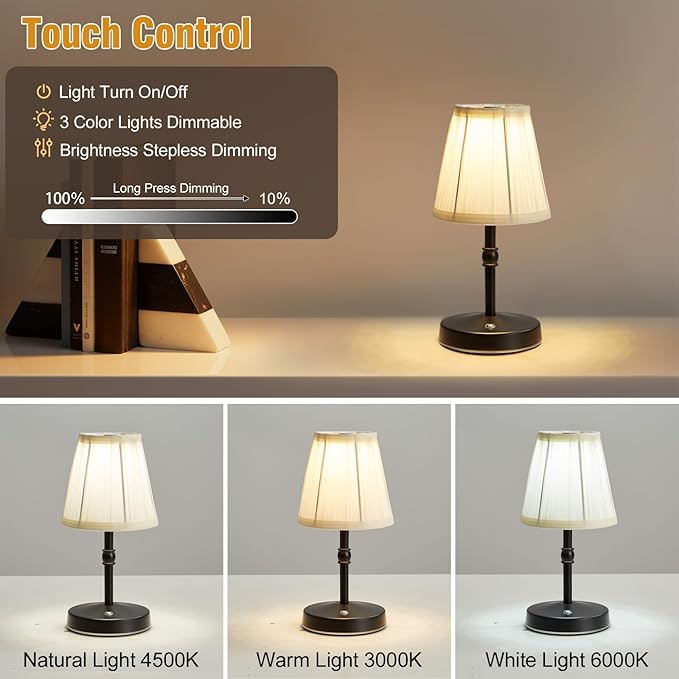 5W LED Cordless Mini Lamp,3000 mah Battery Operated Lamps,3 Color Temperature Dimmable Table Light,Small Rechargeable Lamp,Kitchen Lamps countertop,Restaurant (Black)