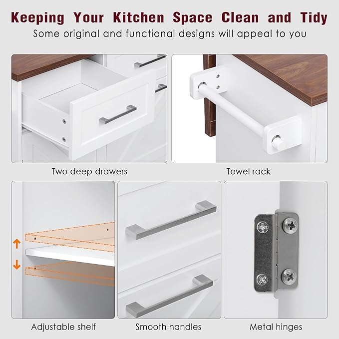 Farmhouse Kitchen Island with Drop Leaf & Wheels, 47.2" Rolling Kitchen Cart with Removable Side Racks, 2 Drawers, Towel Hooks & Trash Bin Cabinet for Small Space, Dining Room, Rustic Home Decor