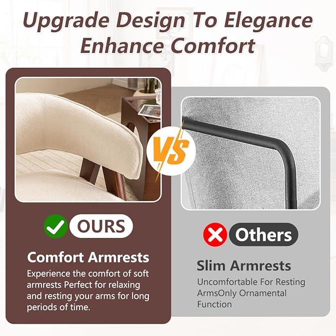 Kidol & Shellder Mid Century Accent Chair Set of 2 Comfy Fabric Modern Living Room Bedroom Chairs Upholstered Lounge Reading Armchair with Thicken Seat Cushion Wood Frame （White）