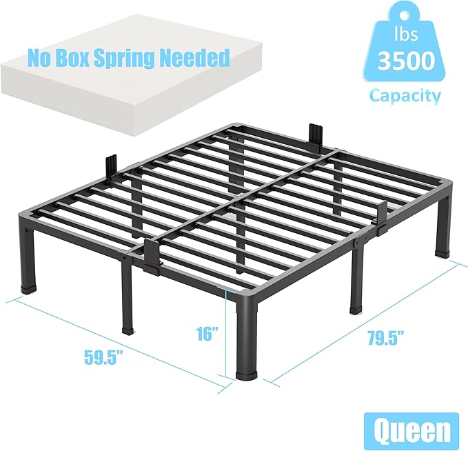 FUIOBYVV Queen Bed Frame with Round Corner Edge Legs 16 inch High 3500 lbs Heavy Duty Metal Platform Bed Frame Queen Size No Box Spring Needed/Non-Slip/Steel Slat Support/Noise Free