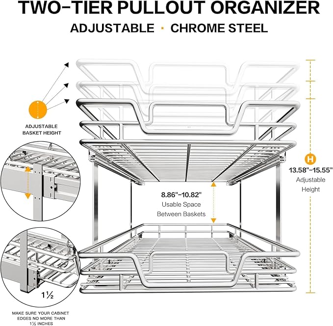 2-Tier Kitchen Cabinet Pull Out Shelf and Drawer Organizer Slide Out Pantry Storaqe Basket in Multiple Sizes (16" W x 21" D)