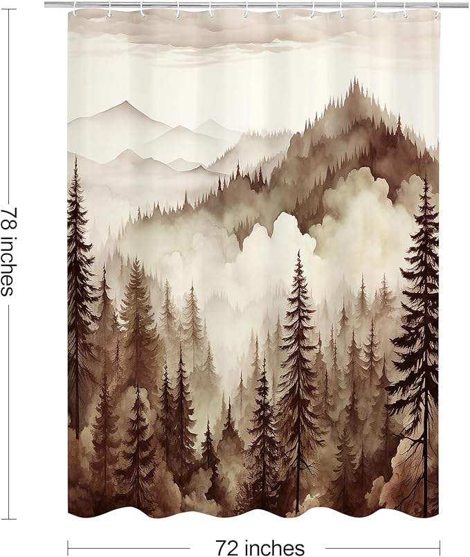 Brown Long Misty Pine Forest Shower Curtain 72 x 78, Tan Mountain Foggy Woodland Scenery Tree 78 Inch Long Shower Curtains for Bathroom, Abstract Waterproof Nature-Themed Decor