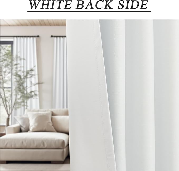 White Black Out Curtains 96 Inches Long for Bedroom 2 Panel Back Tab 100% Blackout Linen Retro Vintage Curtain Farmhouse Living Room Viral Coastal Drapes for Nursery Girls Boys Thermal Insulating 8ft