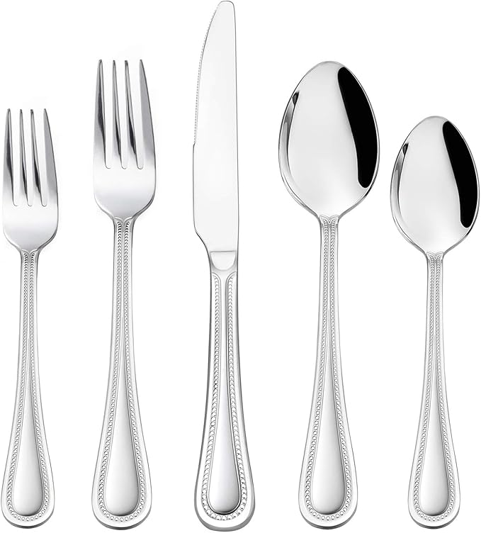 HaWare Silverware Set, 60-Piece Pearled Edge Stainless Steel Flatware for 12, Beading Tableware Cutlery Utensil for Home, Mirror Polished, Dishwasher Safe