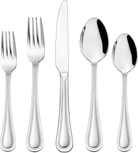 HaWare Silverware Set, 60-Piece Pearled Edge Stainless Steel Flatware for 12, Beading Tableware Cutlery Utensil for Home, Mirror Polished, Dishwasher Safe