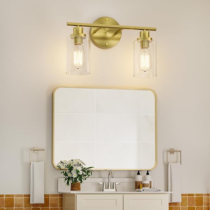 GORDNWE 2-Light Bathroom Wall Sconce, Gold Vanity Light, Modern Wall Light Fixture with Clear Glass, J0019
