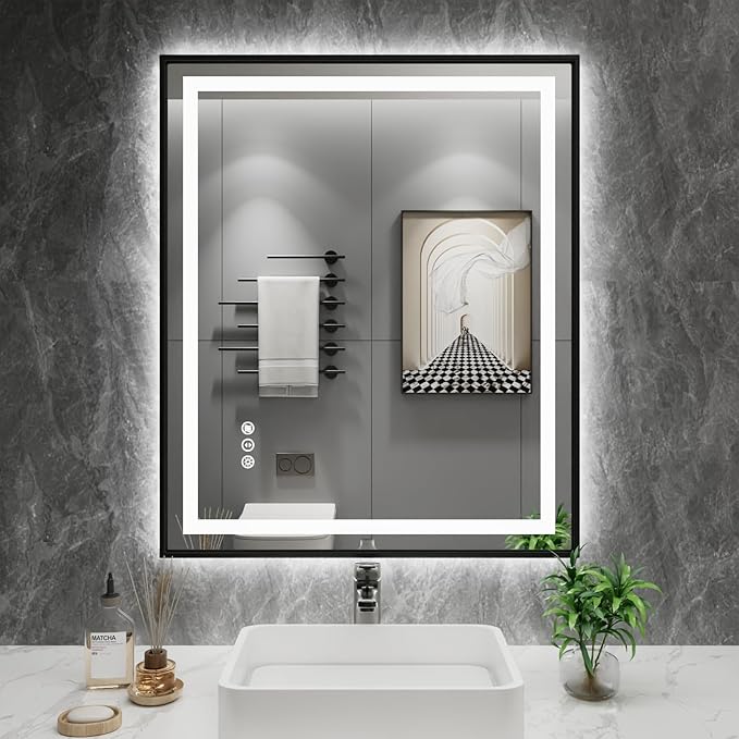 Amorho 24"X30" LED Bathroom Mirror with Black Frame, Front Light and Backlit, Stepless Dimmable, Anti-Fog, Shatter-Proof, Memory, 3 Colors, Double LED Vanity Mirror