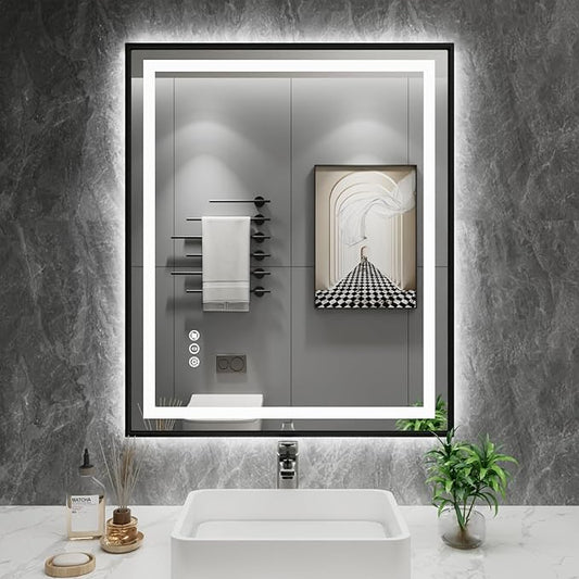 Amorho 24"X30" LED Bathroom Mirror with Black Frame, Front Light and Backlit, Stepless Dimmable, Anti-Fog, Shatter-Proof, Memory, 3 Colors, Double LED Vanity Mirror