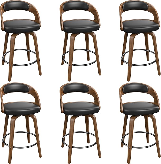 Swivel Bar Stools Set of 6, 26" Counter Height Bentwood Barstool, Mid-Century Modern PU Leather Upholstered Bar Chair with Back and Footrest, for Kitchen Island, Bar, Cafe, Dining Room, Black