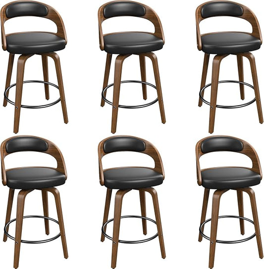Swivel Bar Stools Set of 6, 26" Counter Height Bentwood Barstool, Mid-Century Modern PU Leather Upholstered Bar Chair with Back and Footrest, for Kitchen Island, Bar, Cafe, Dining Room, Black