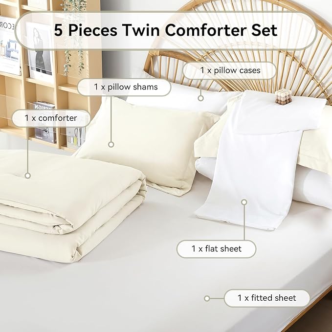Weigelia Twin Bedding Set Microfiber 5 Pieces Ivory Twin Bedding Set All Season Soft Lightweight Comforter Set Bed in a Bag Twin Set with Comforters, Flat & Fitted Sheets, Pillowcases & Shams