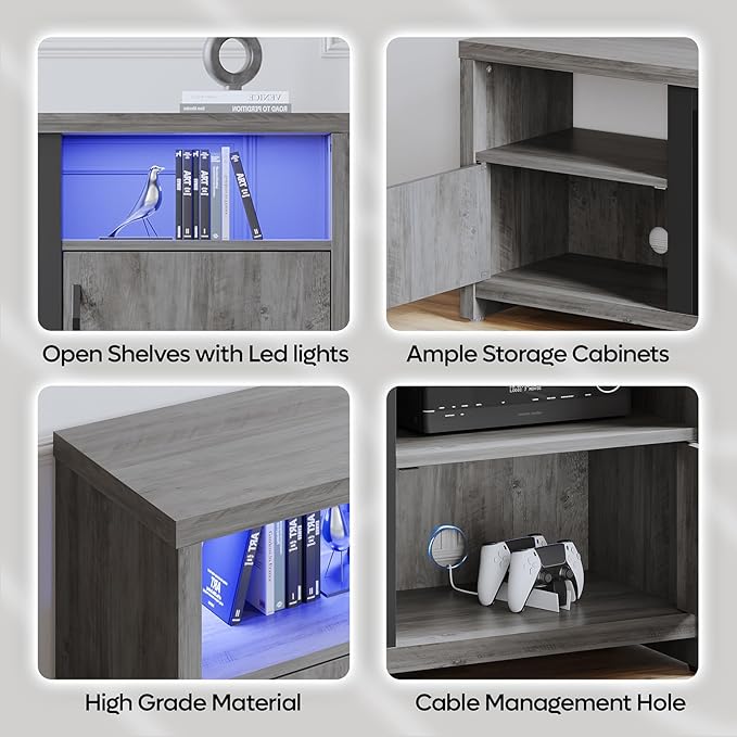 Bestier 70" Electric Fireplace TV Stand for TVs Up to 80", Modern Fireplace Entertainment Center with Storage Cabinets, LED Lights, Open Shelves and Cable Holes for Living Room, Grey