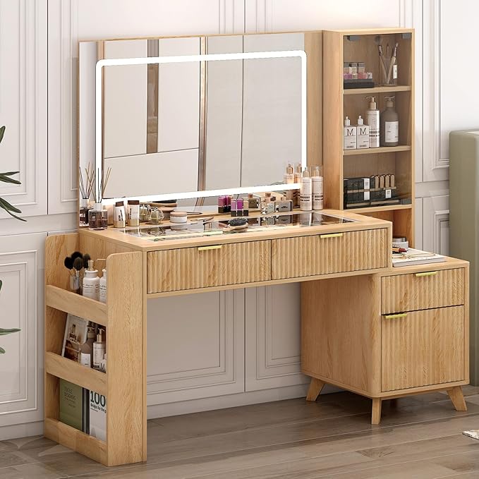 52" Fluted Vanity Desk with Large 34" Mirror and Lights 3 Colors, Big Makeup Vanity Desk with Transparent Top & Power Outlet, Dressing Table with Drawers, Side Cabinet, Dresser for Bedroom (Oak)