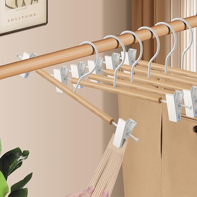 Wooden Pants Hangers with Clips 20 Pack Adjustable Wood Skirt Hangers for Women&Men Space Saving Closet Non Slip Clothes Hanger for Jeans,Trousers,Short,12Inch Natural