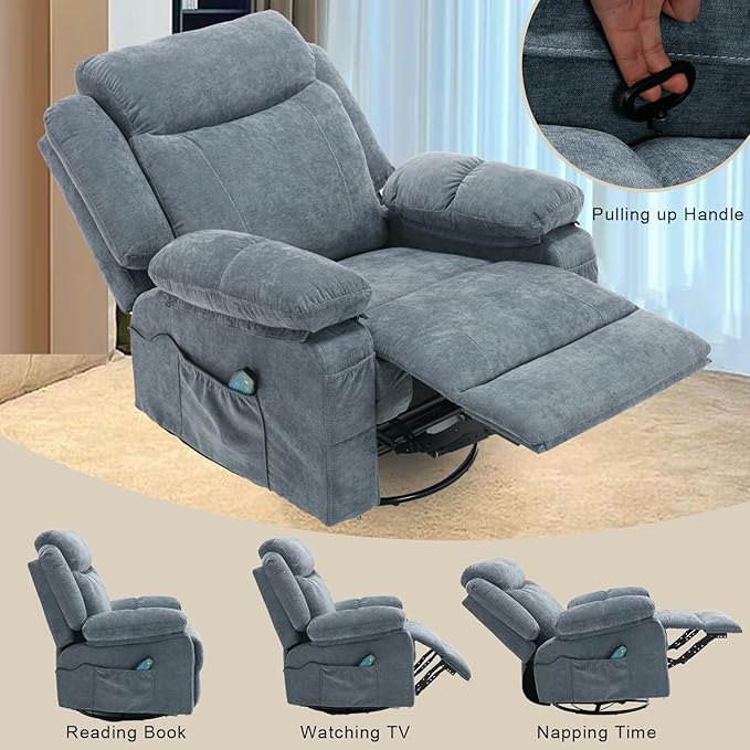 Overstuffed Rocker Recliner Chair, Fabric Massage Recliner Chairs with Heat for Adults, Oversized Reclining Swivel Sofa Manual Home Theater Rocking Recliner Lounge Chairs(Blue)