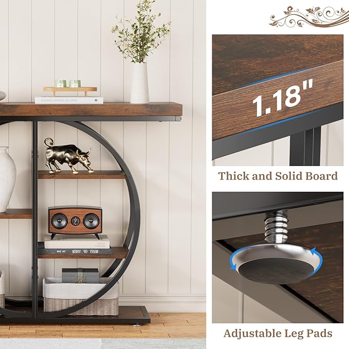 41.3" Console Table for Entryway, Industrial Hallway Sofa Table with Storage Shelves, Narrow Accent Decor Living Room Furniture with Circle Base for Foyer, Entrance, Rustic Brown