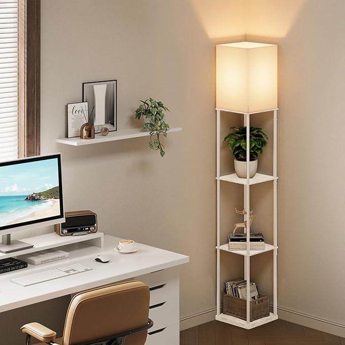 Floor Lamp with Shelves, Modern Square Standing Lamp with 3 Color Temperature Bulb, Corner Display Bookshelf Lamp for Living Room, Bedroom and Office
