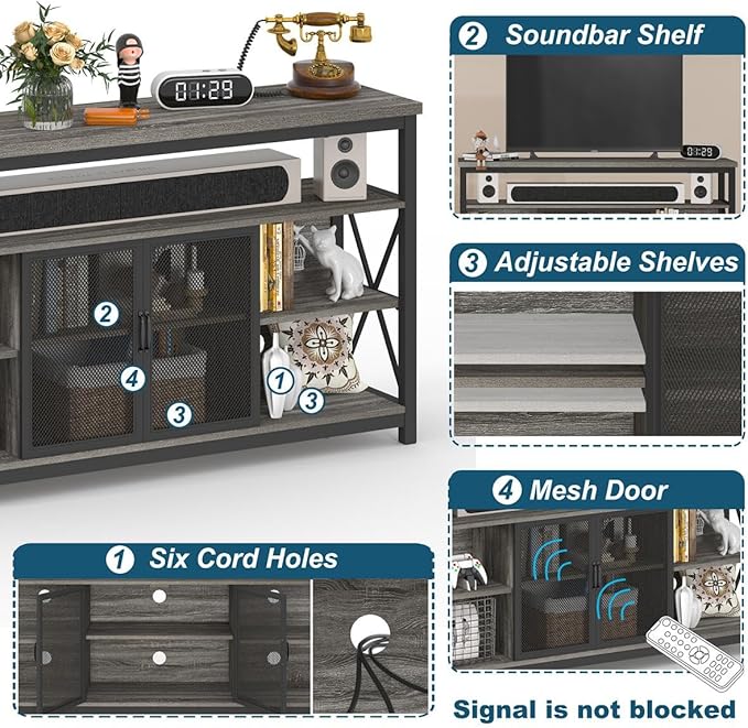 BON AUGURE Tall TV Stand for TVs up to 65 Inch, Industrial Entertainment Center with Storage Cabinet, Rustic Wood Media Console Table for Living Room and Bedroom (32 Inch High, Grey Oak)