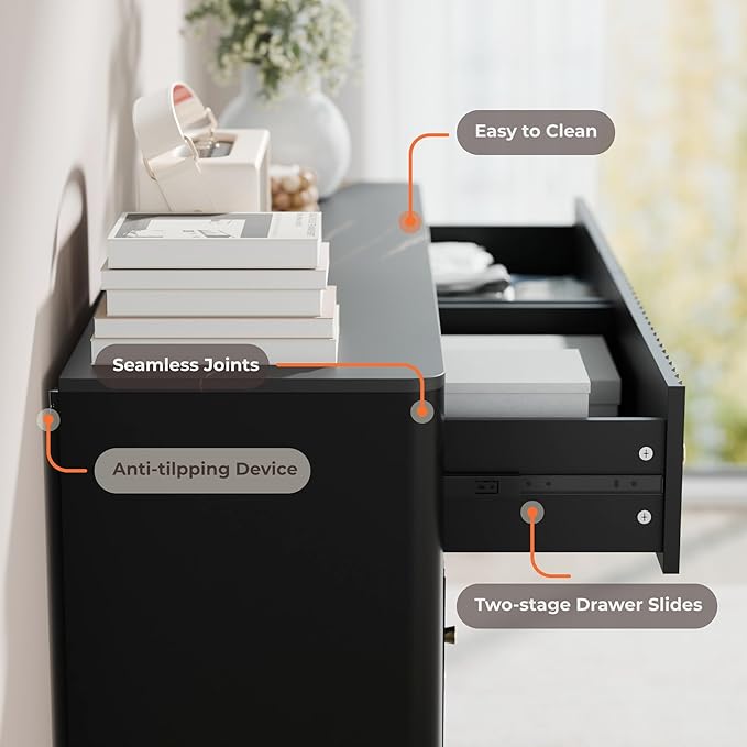 Fluted 6 Drawers Dresser for Bedroom, 54" Wide Modern Chest of Drawers with Faux Marble Top, Curved Profile Design, Solid Wood Legs, Wodden Dresser TV Stand, Storage Organizer for Bedroom, Black