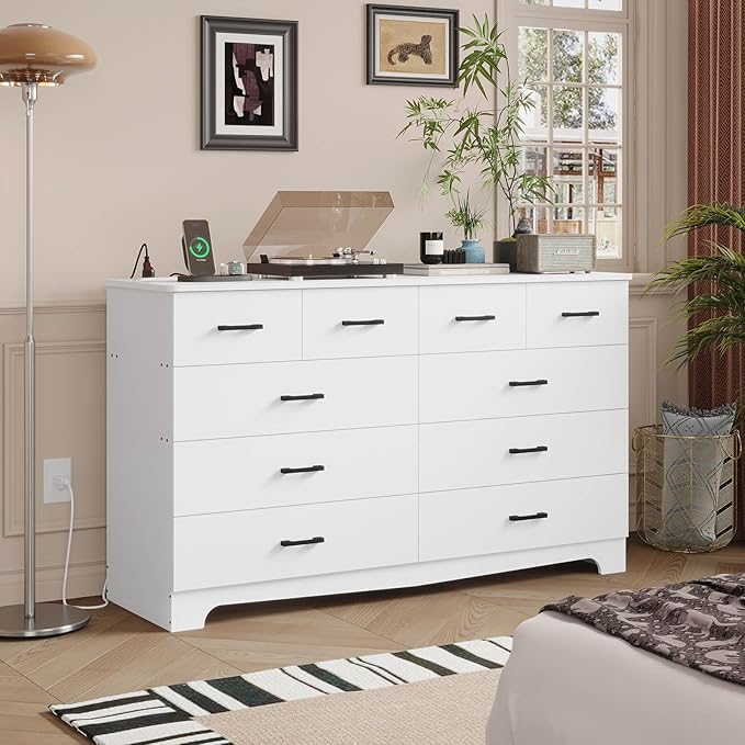 Hasuit 10 Drawer Dresser for Bedroom, Large Chest of Drawers with Charging Station, 55.1'' Wide Storage Clothes Closet Organizer, Long Dresser TV Stand for Living Room, White
