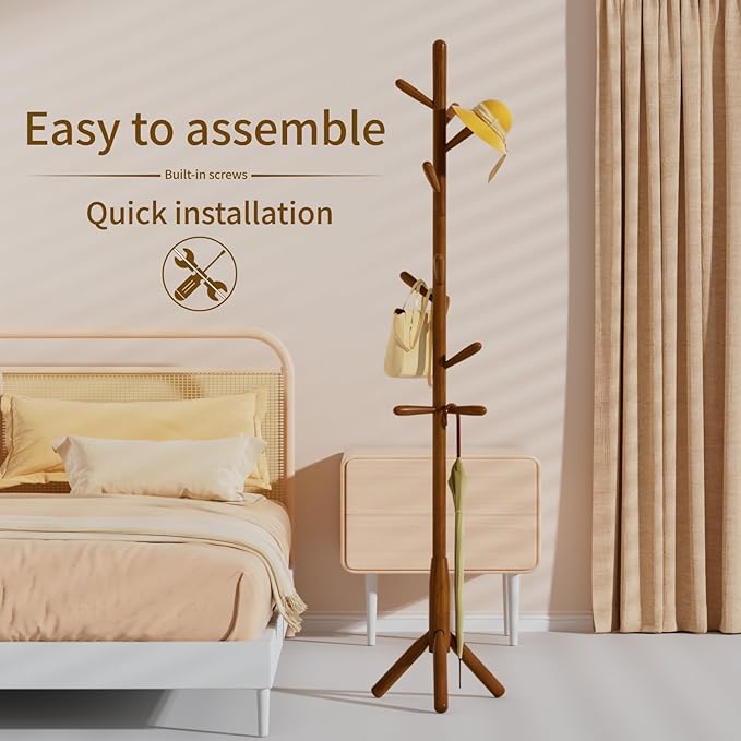Solid Wood Coat Rack, Freestanding Tree-Shaped Coat Rack with 11 Hooks, Main Pole 1.6" dia for Clothes, Hat Stand Used in Bedroom/Office/Entryway (3-Leg Base, Brown)