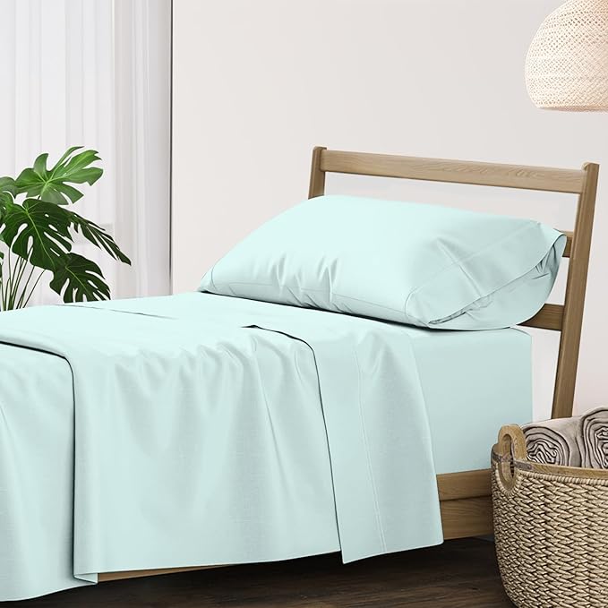 XOOX Linen 100% Cotton Twin Sheets Set - 500 Thread Count Cotton Sheets Twin Size, Extra Soft, Sateen Weave, Cooling Deep Pocket Bed Sheet for Dorm Room, Luxury Hotel Quality Bedding (3 PC, Sea Foam)