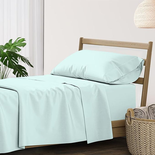 XOOX Linen 100% Cotton Twin XL Sheet Sets - 500 Thread Count Twin XL Sheets Cotton, Extra Soft, Sateen Weave, Cooling Deep Pocket Bed Sheet for Dorm Room, Luxury Hotel Quality Bedding (3 PC, Sea Foam)