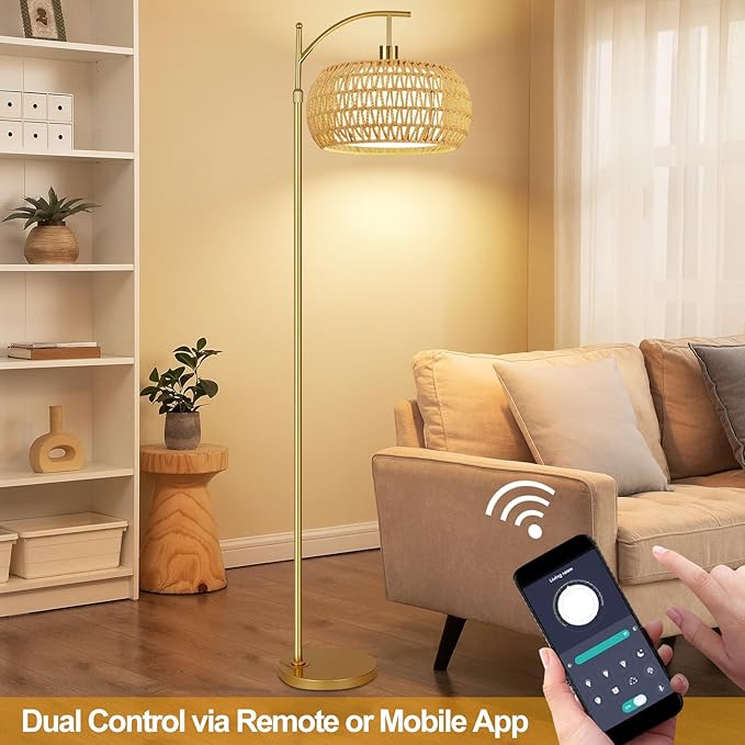 Gold Floor Lamps for Living Room Rattan Boho Floor Lamp with Remote Control,Arc Floor Lamp Wicker Lamp Shades Dimmable Standing Lamp with 3 Color Temperature Tall Floor Lamps For Bedroom Corner