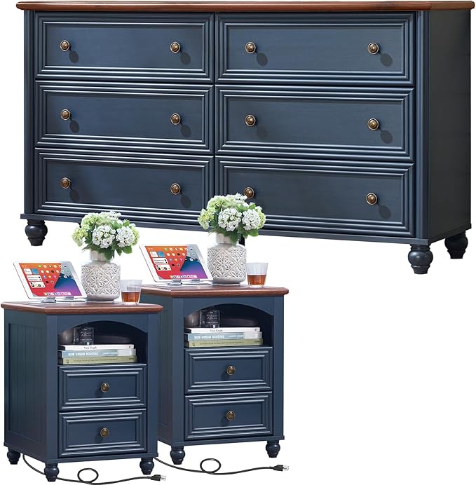 Dressers & Night Stand Set of 3, Wood 54" Wide Dresser & 18" Charging Station Chest of Drawers, Roman Column 2 Drawer Nightstand Set of 2, Bedroom Furniture Dresser Suites for Home Living Room Hallway