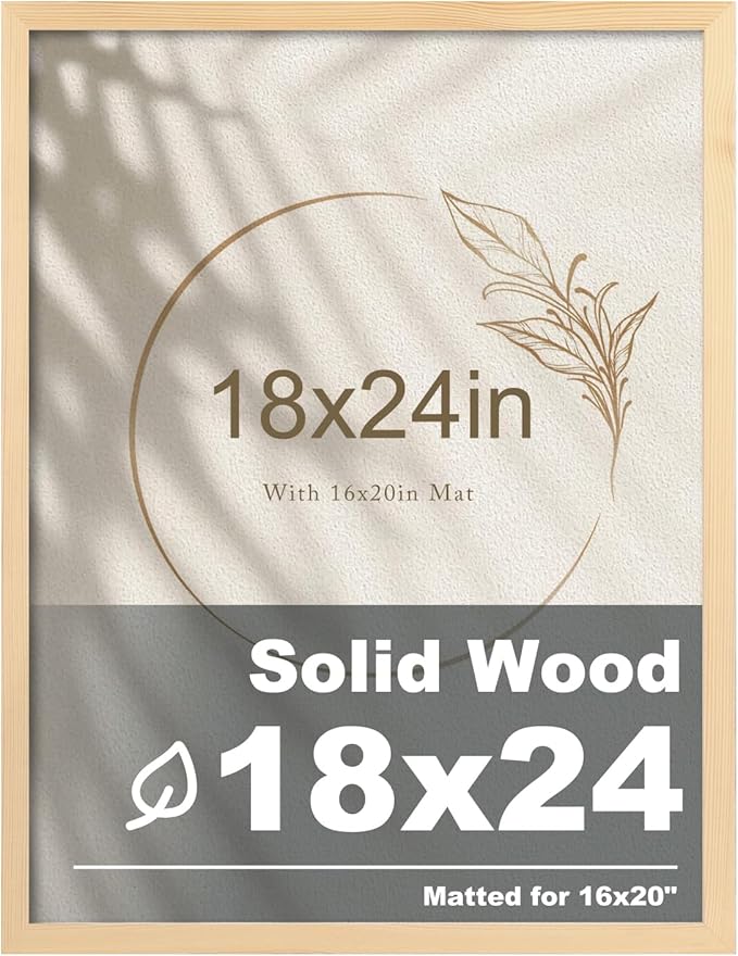Egofine 18x24 Solid Wood Picture Frame, Made of Solid Wood Covered by Plexiglass 16x20 with Mat 18x24 without Mat, Poster Frame for Wall Mounting Photo Frame Vertically or Horizontally, Natural Wood