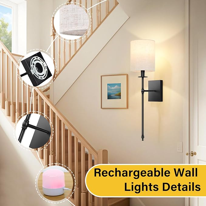 27 inch Battery Operated Wall Sconces Set of 2 with Remote, Rechargeable Wireless Wall Lights with Beige Fabric Shade, Indoor Not Hardwired Dimmable for Bedroom Living Room Decor