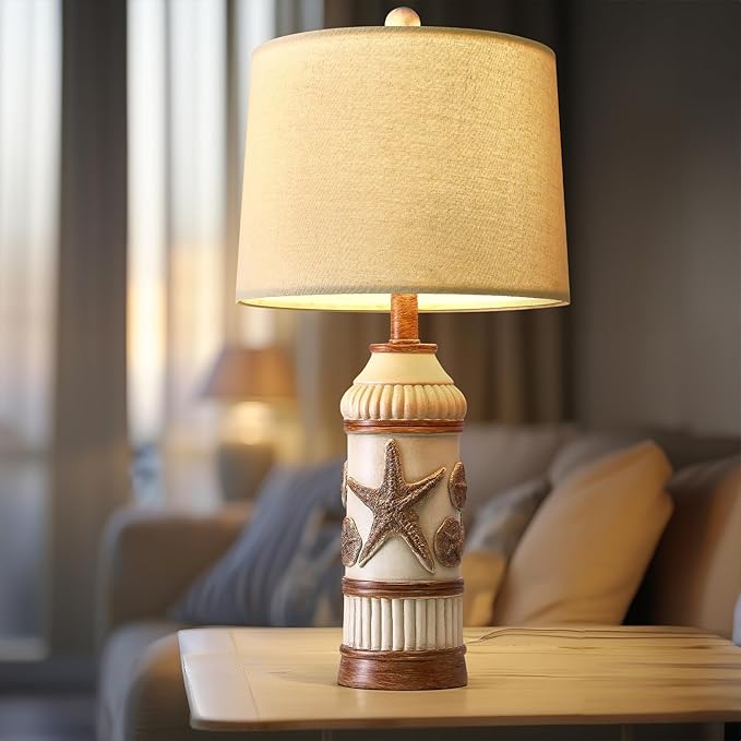OYEARS 24“ Table Lamp for Bedroom, Boho Table Lamp for Living Room, Bedside Nightstand Lamp, Coastal Nautical Lamp with Starfish Conch Pattern for Decor, End Table, Vintage Retro Beach, Off White