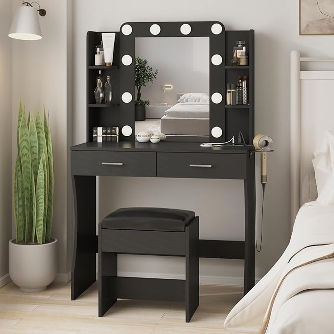 Vabches Vanity Desk with Lights,Makeup Vanity with Power Strip,Dressing Table Set with 2 Large Drawers,Vanity Mirror 3 Lighting Color Adjustable,Black