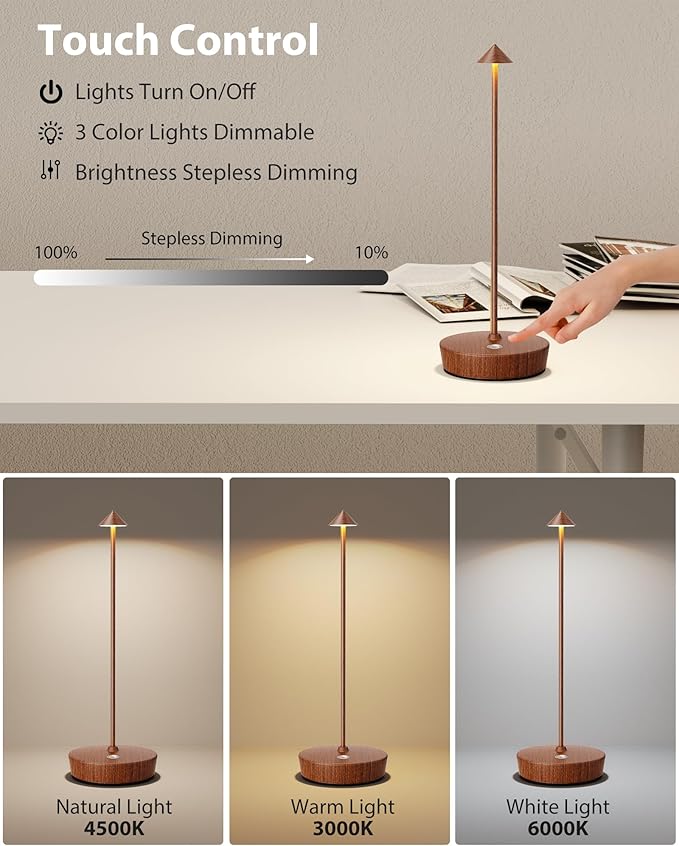 Cordless Table Lamps Rechargeable, 6000mAh Battery Operated LED Desk Lamp Outdoor Waterproof Portable Touch Dimmable Table Light for Patio Restaurant Dining Home Wood Grain
