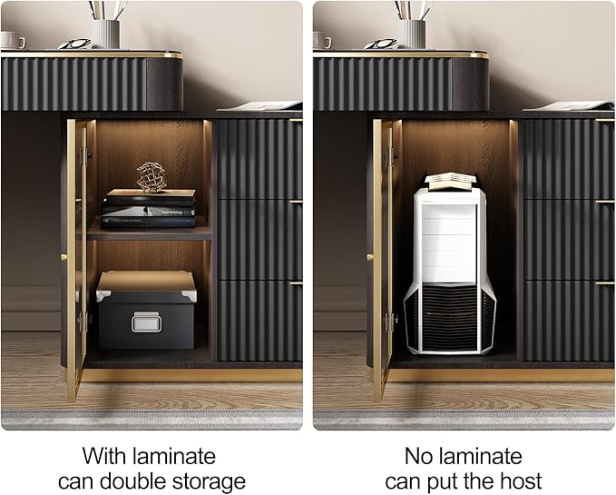 Lartis Office Desk, Very Easy to Assemble, Computer Desk, Home Telescopic Writing Desk, Modern Computer Desk with Retractable Cabinet Built-in LED Lights (Black Brown, 53 in)