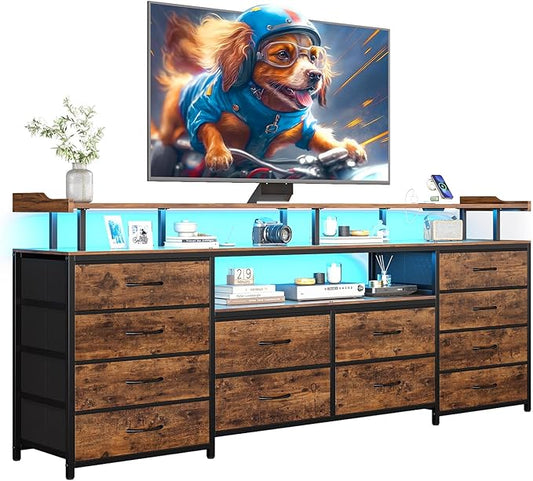 12 Drawers TV Stand Dresser for 65/70 inch TV, Entertainment Center with LED Lights & Power Outlets, 63" Large LED TV Stand, TV Console for Bedroom