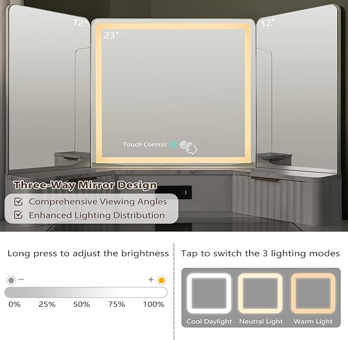 T4TREAM Fluted Makeup Vanity Desk with 3 Way Mirror and Lights, 48" Large Corner Vanity Table with Glass Top, Charging Station, 3 Drawers, Storage Cabinets & Shelves, for Bedroom, Solid White