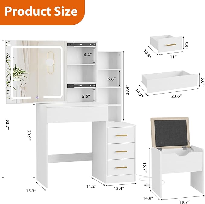 Senfot White Vanity Desk with Sliding Mirror and Lights, Modern Makeup Vanity Table with 4 Drawers and 7 Storage Shelves, Dressing Table with Stool and Charging Station, 3 Lighting Modes, for Bedroom