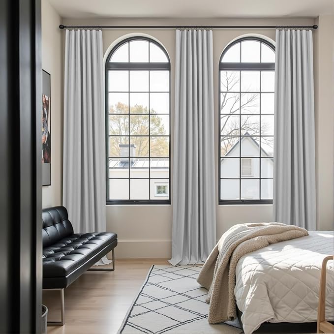 100 Percent Blackout Sliding Glass Door Curtains 120 Inches Long 2 Panels 10 FT Theater Floor to Ceiling Drape Linen Cotton Textured Luxury Curtains Farmhouse Black Out Light Grey Gray White Back Tab