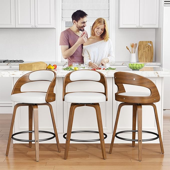 Swivel Bar Stools Set of 3, 26" Counter Height Bentwood Barstool, Mid-Century Modern PU Leather Upholstered Bar Chair with Back and Footrest, for Kitchen Island, Bar, Cafe, Dining Room, White