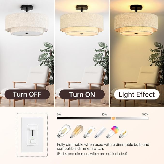 16" Semi Flush Mount Ceiling Light, 3-Light Drum Ceiling Light Fixture with 2-Tier Fabric Linen Shade, Farmhouse Chandelier for Dining Room, Living Room, Bedroom, Kitchen, Hallway, Entryway