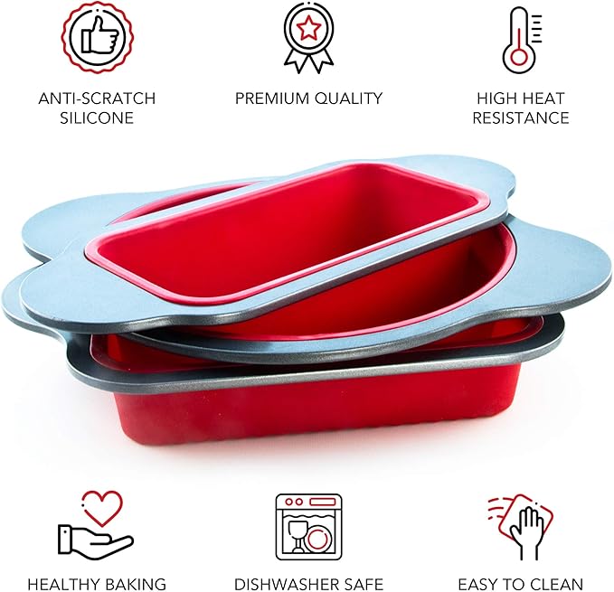 Boxiki Kitchen Silicone Baking Pans Set. 3 PCS Professional Non-Stick Baking Cake Pans Set includes Silicone Round Cake Pan, Square Cake Pan and Bread Loaf Pan.